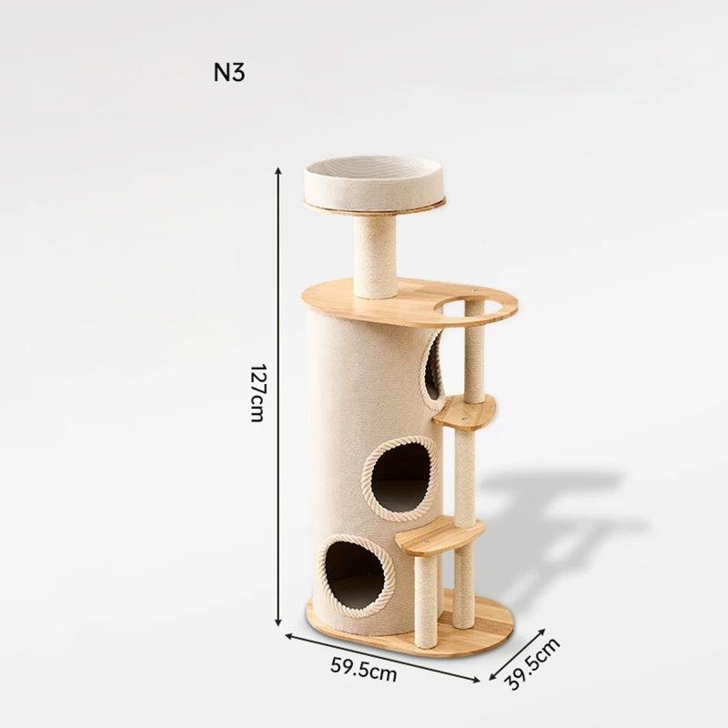 A multi-level and large cat tree with dimension annotations showing a height of 127cm, width of 59.5cm, and depth of 39.