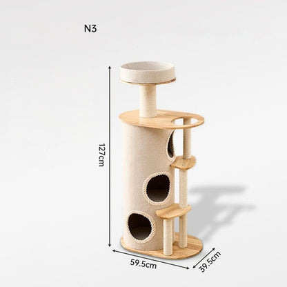 A multi-level and large cat tree with dimension annotations showing a height of 127cm, width of 59.5cm, and depth of 39.