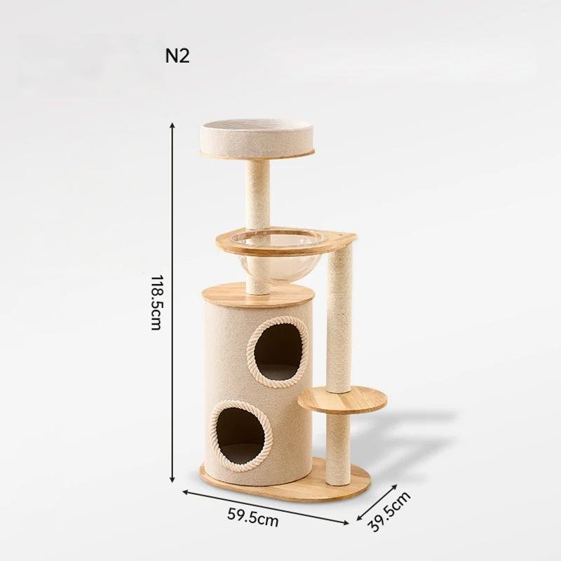A large cat tree with dimensions labeled: 118.5cm height, 59.5cm base width, and 39.5cm depth, shown on a clean white background.