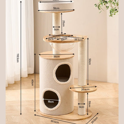 Cat towers for sale with dimensions labeled in a beige room setting, showing multiple levels, scratching posts, and two cat condos with measurement lines and text overlays.