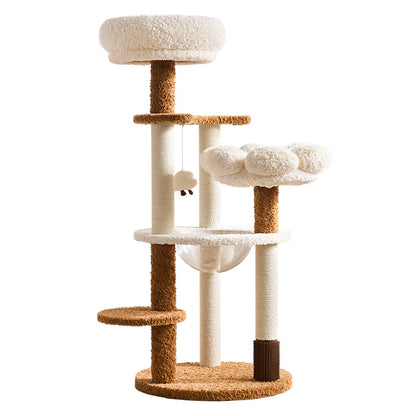 Cat tree with multiple levels and a hanging toy on a white background
