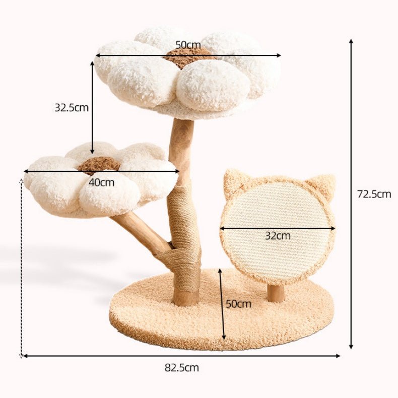 White flower cat tree with dimensions labeled on a white background