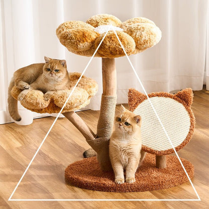 Two cats on a multi-level bloomy flower cat tree with platforms and a scratching post.