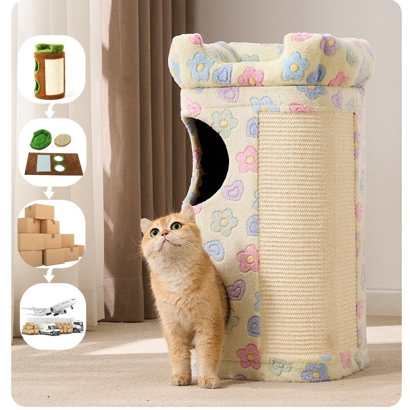 A fluffy orange cat stands beside a cylindrical cat condo in a home setting. The cat tree has a cream base with a pastel flower pattern in pink, blue, and yellow, plus a large woven scratching panel on the side.