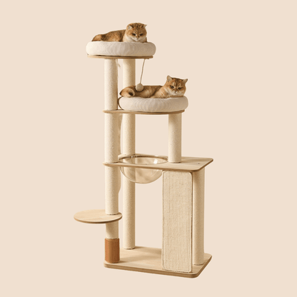 A tall multi-level cat tree with cream-colored sisal-wrapped posts, wooden platforms, a hanging toy, an acrylic cat bed, and two orange cats resting on cushioned perches against a solid beige background.
