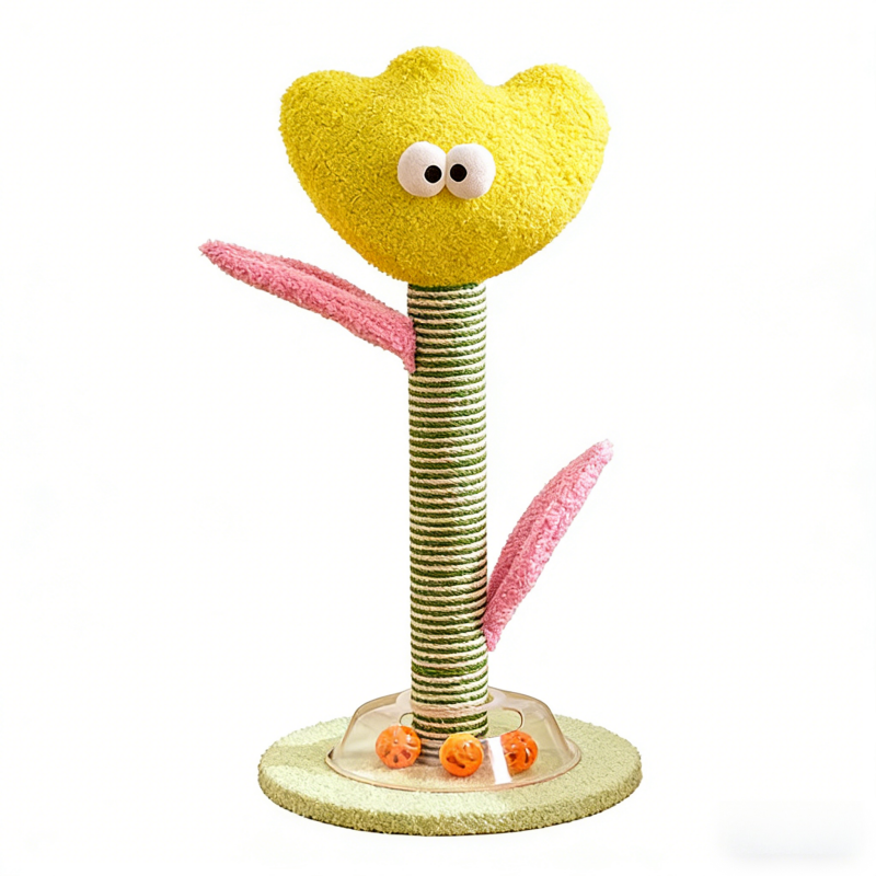 Yellow flower-shaped cat scratching post with a roller toy​ base on a white background