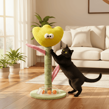 Black cat playing with a yellow flower cute cat post in a living room.