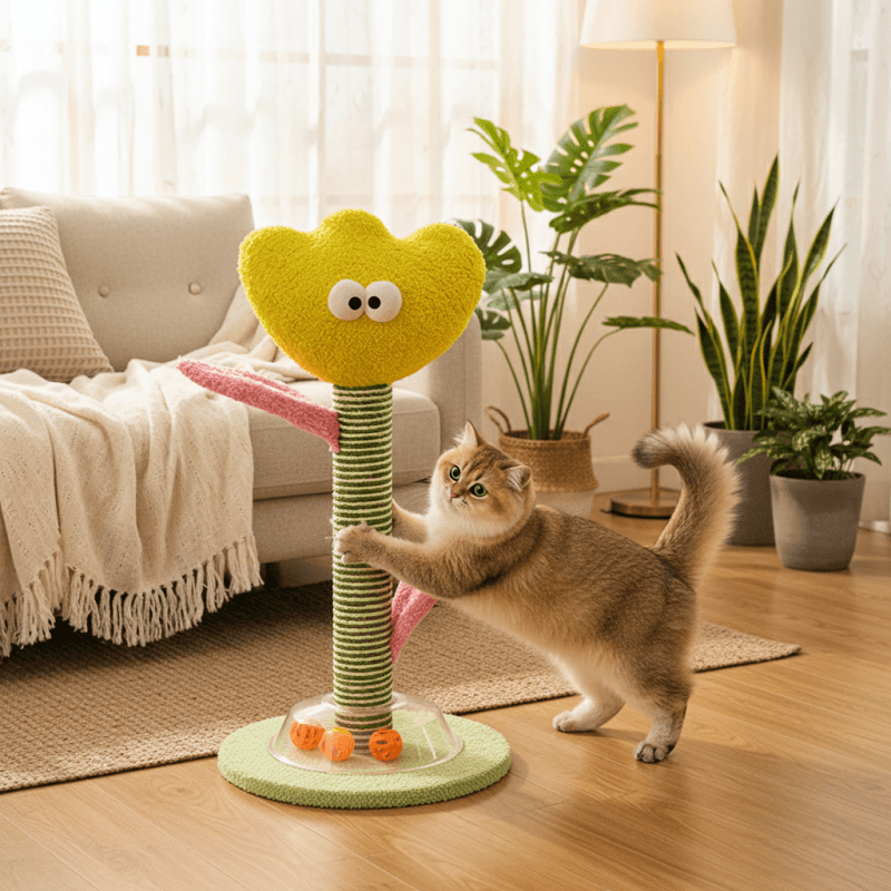 Warm, cozy lifestyle photo of a yellow flower cat scratching post in a stylish home interior, a golden chinchilla cat is scratching and stretching the post